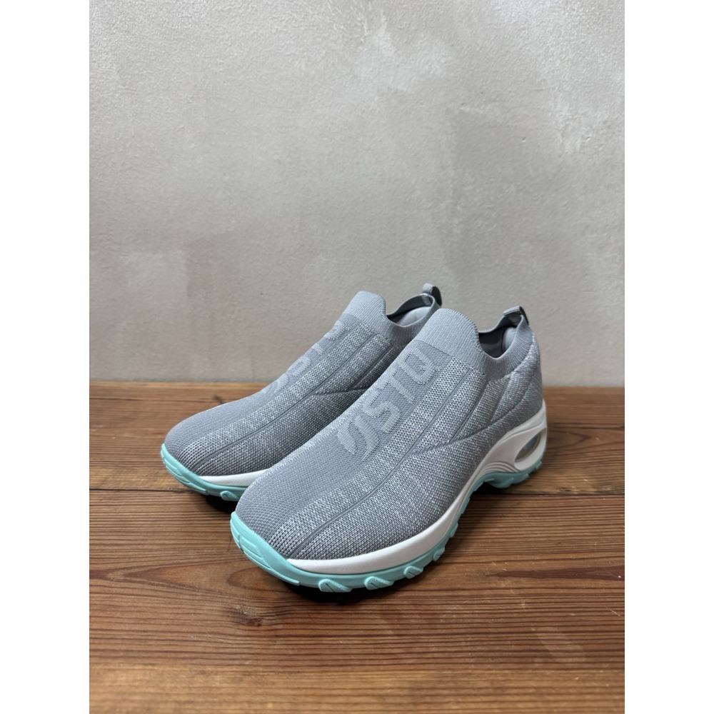 STQ Womens Size 7.5 Walking Shoes Slip On Arch Support Grey Teal Air Cushion